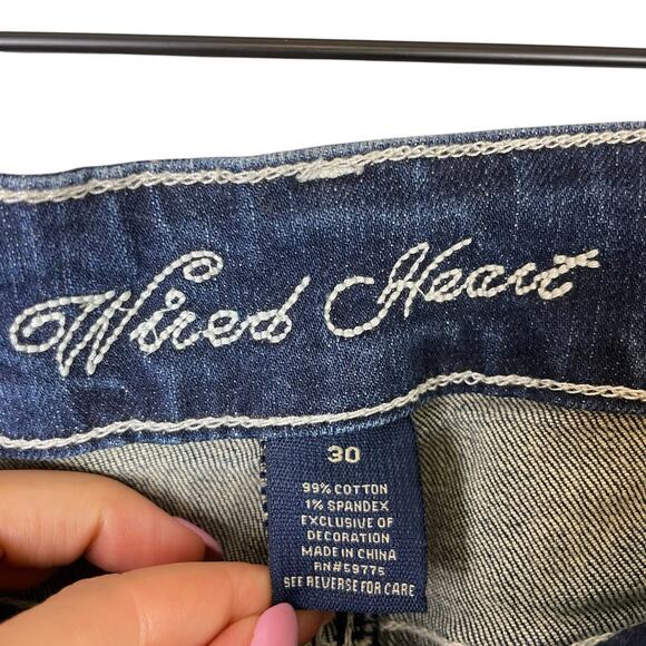 Wired Heart Embellished Embroidered Stitching Dark Wash Bootcut Denim Jeans - Picture 7 of 8